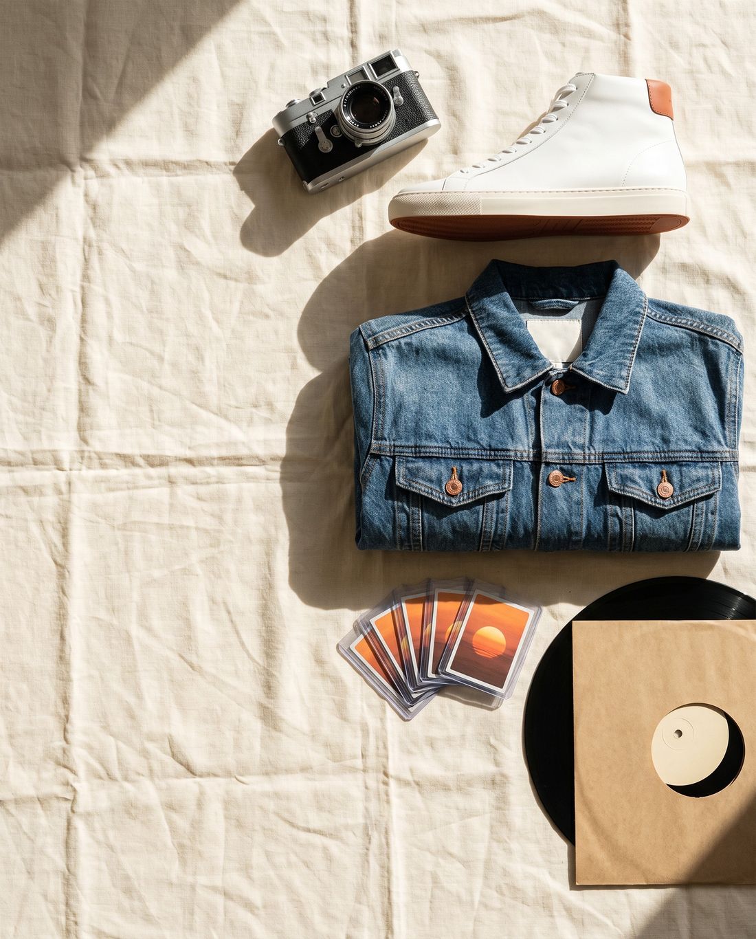 A film camera, sneaker, denim jacket, trading cards and a record laid out on linen, ready to sell